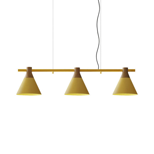 Modern Iron Cone Suspension Light With 3 Bulbs In Yellow/Blue/Green - Linear Design For Dining Room