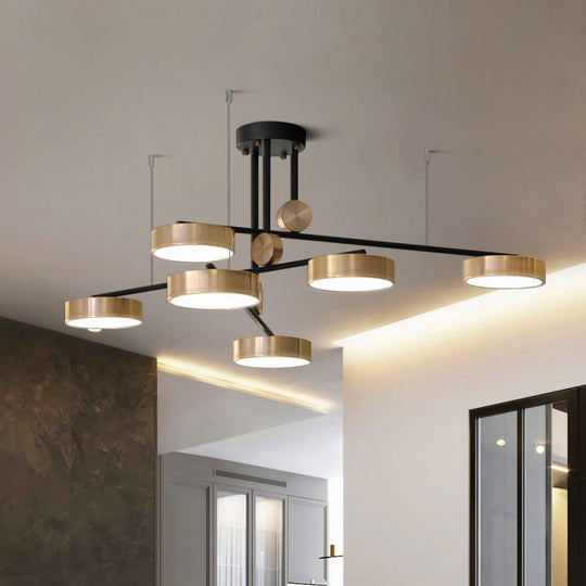 Black And Gold Modernist Multi-Lamp Pendant With Small Drum Shades