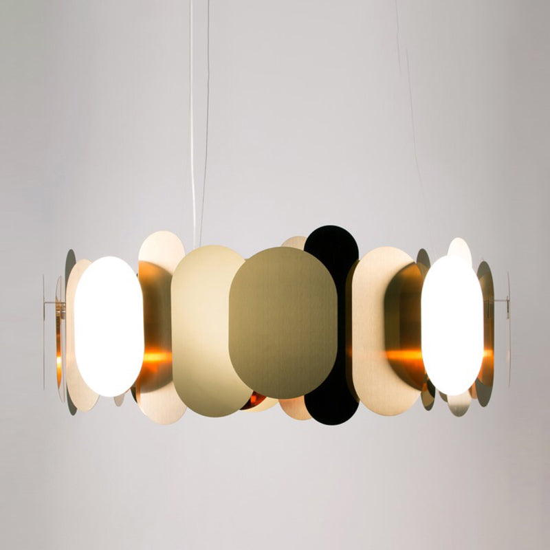 Modern Metal Led Oval Panel Pendant Light For Living Room Ceiling In Brass White/Warm
