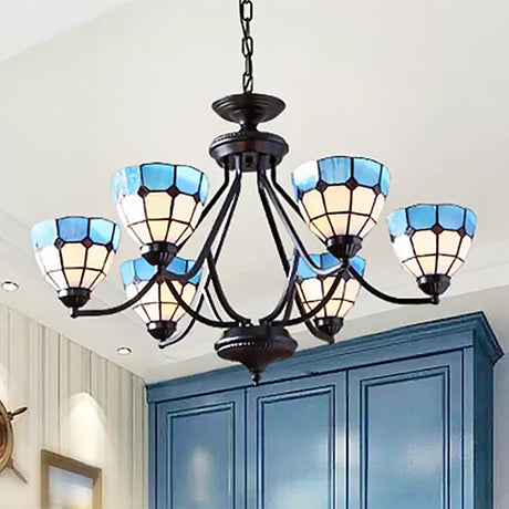Blue Bowl Shade Tiffany Pendant Light - 6/8-Light Upward Chandelier With Stained Glass