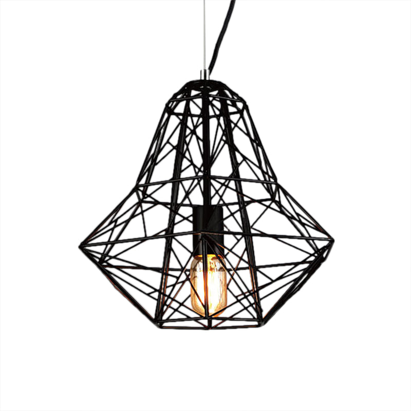 Metallic Industrial Cage Diamond Pendant Lighting - Black/White 1 Head For Dining Room 16’/19.5’ Dia