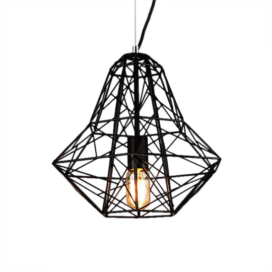 Metallic Industrial Cage Diamond Pendant Lighting - Black/White 1 Head For Dining Room 16’/19.5’ Dia