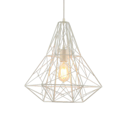 Metallic Industrial Cage Diamond Pendant Lighting - Black/White 1 Head For Dining Room 16’/19.5’ Dia