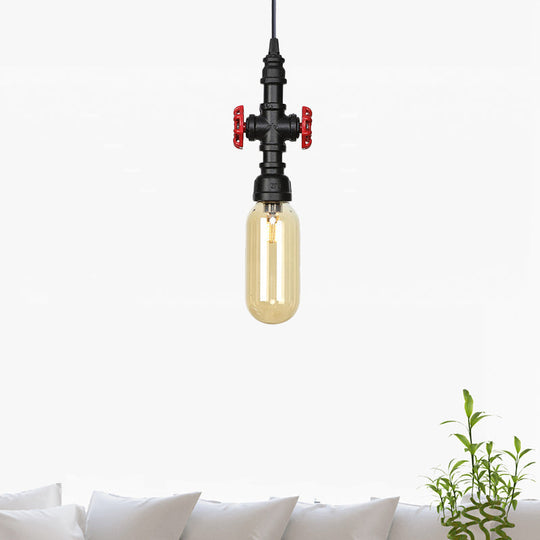 Antiqued Pipe Metal Led Ceiling Light With Amber Glass Shade - Black