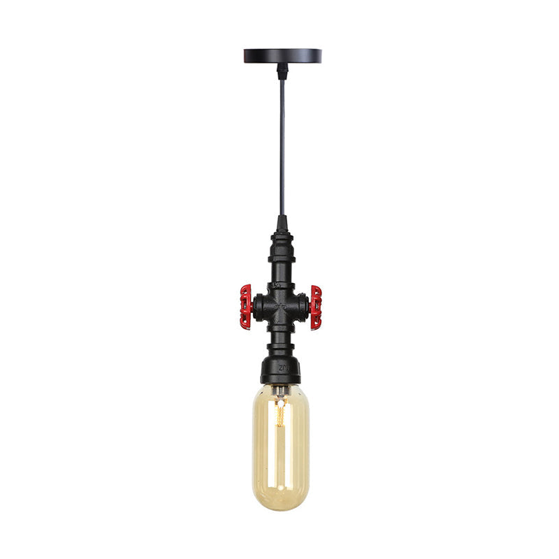 Antiqued Pipe Metal Led Ceiling Light With Amber Glass Shade - Black