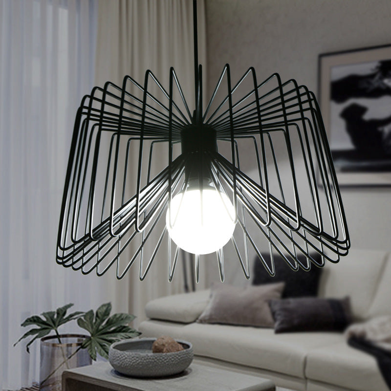 Industrial Metal Hanging Lamp With Adjustable Cord - Black/White Cage Shade Living Room Ceiling