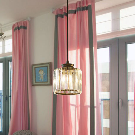 Modern Black Drum Pendant Light With Clear Crystal Ceiling Hang Fixture For Living Room