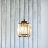 Modern Black Drum Pendant Light With Clear Crystal Ceiling Hang Fixture For Living Room