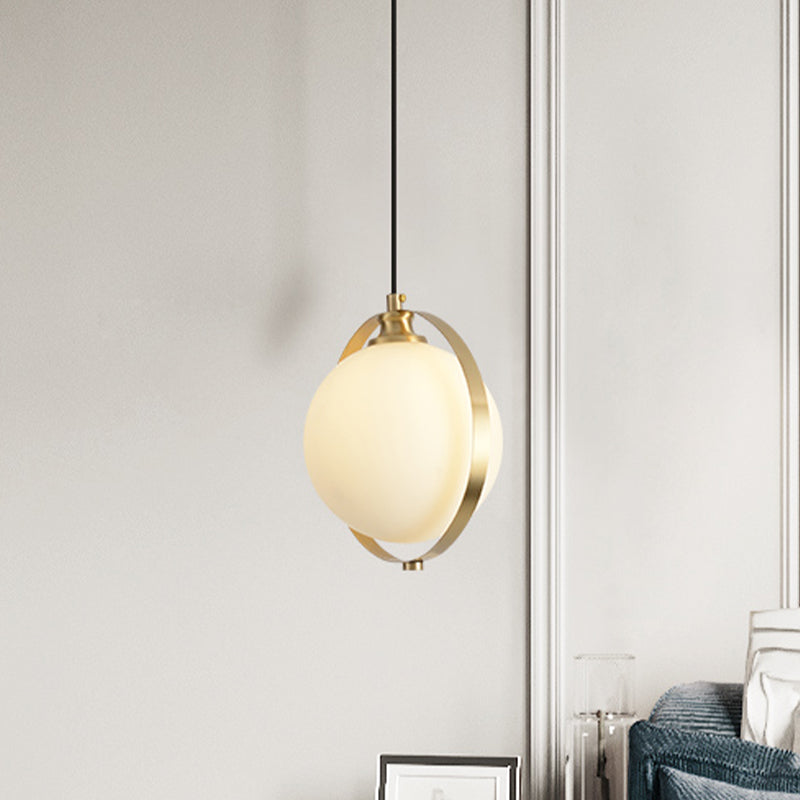 Simple White Frosted Glass Pendant Light With Brass Ring - Global Suspended Lamp For Bedside Or