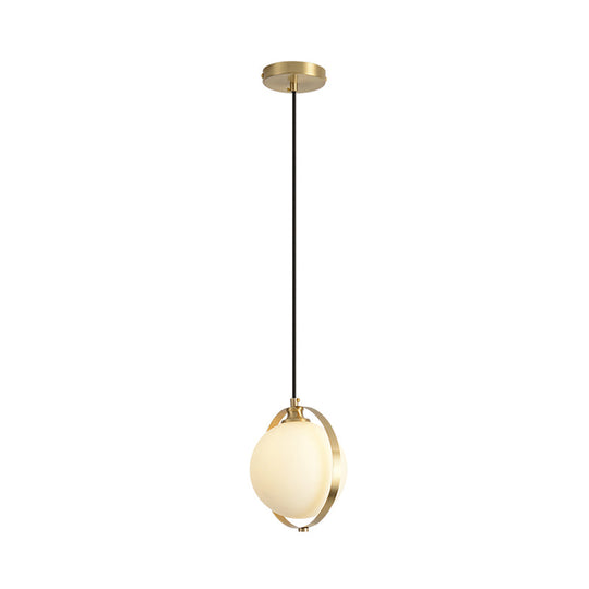 Sleek White Frosted Glass Pendant Light With Brass Ring - Modern Bedside Ceiling Lamp