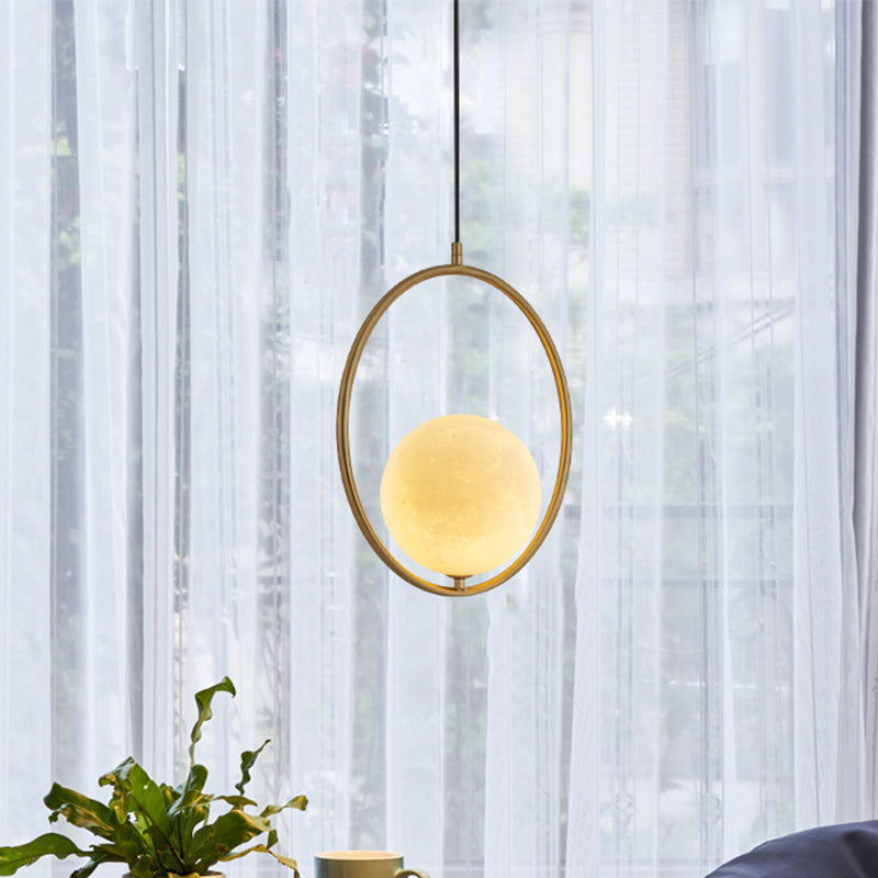 Contemporary Frosted White Glass Globe Pendant Light - Gold Ceiling Lamp With Metal Ring