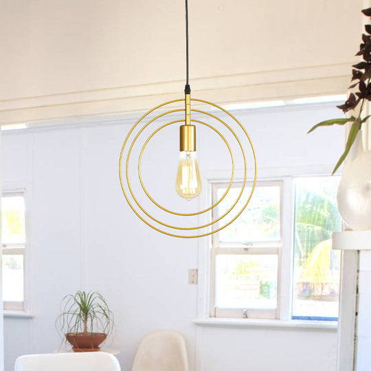 Gold Metallic 1-Bulb Minimalist Suspension Lamp - 3-Ring Restaurant Hanging Lighting