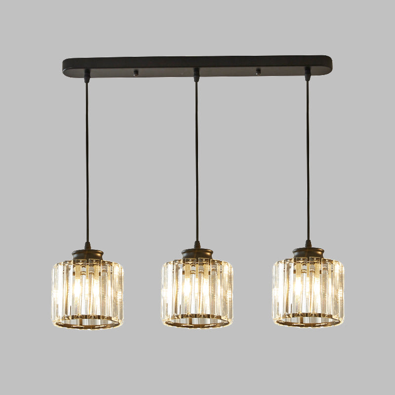 Modernist Drum Crystal Multi-Light Pendant - 3 Lights Black Ceiling Hanging Fixture With