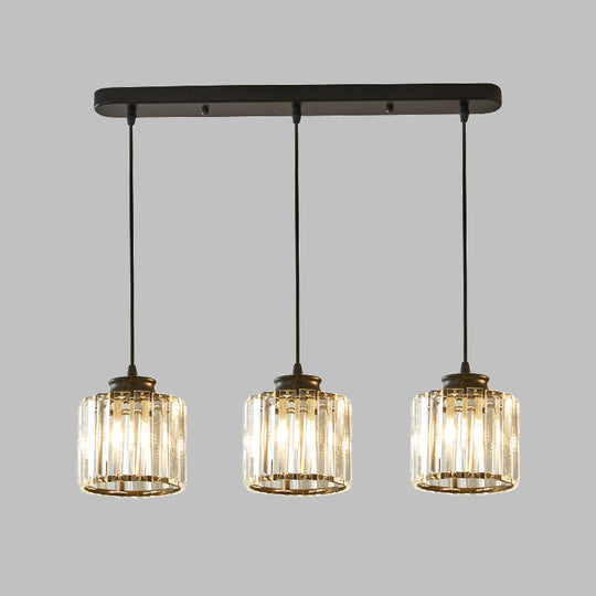 Modernist Drum Crystal Multi-Light Pendant - 3 Lights Black Ceiling Fixture With Linear/Round Canopy