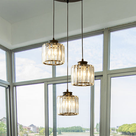 Modernist Drum Crystal Multi-Light Pendant - 3 Lights Black Ceiling Fixture With Linear/Round Canopy