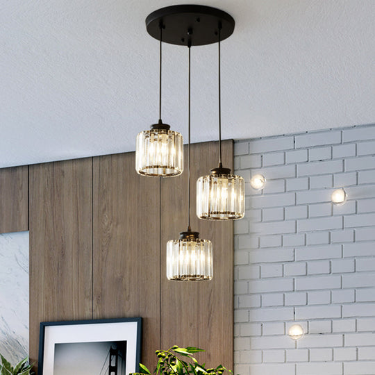 Modernist Drum Crystal Multi-Light Pendant - 3 Lights Black Ceiling Hanging Fixture With