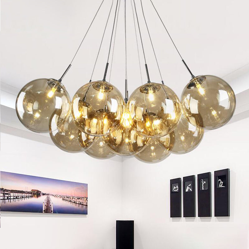 Modern 10-Light Chrome Led Ceiling Lamp For Living Room With Amber Glass Shades
