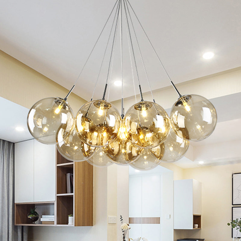 Modern Chrome Led Ceiling Lamp With Bubble Amber Glass Shade - 10-Light Multi Pendant For Living