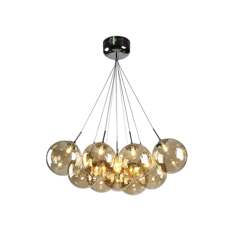 Modern 10-Light Chrome Led Ceiling Lamp For Living Room With Amber Glass Shades