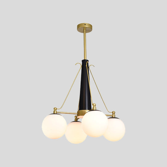 Frosted White Glass Pendant Chandelier - Modernist Sphere Design 4 Heads Brass And Black Finish