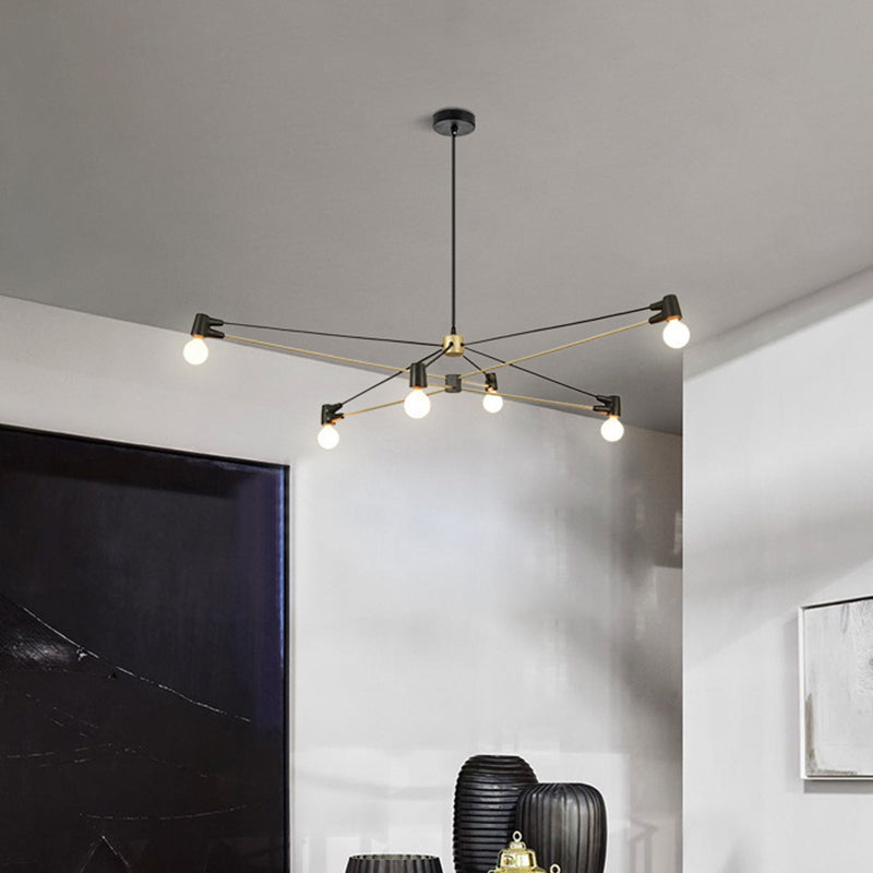 Minimalist Hanging 6-Bulb Chandelier In Black - Modern Metallic Living Room Lighting Fixture
