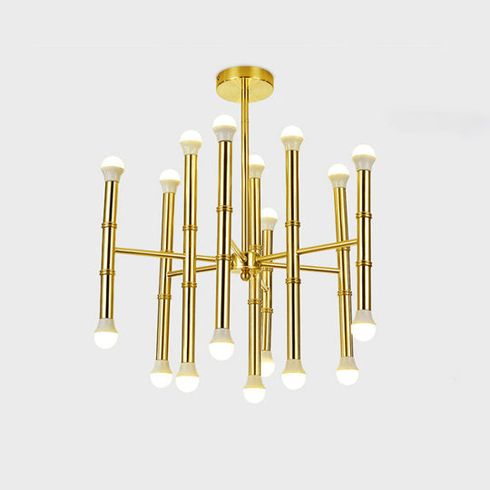 Sleek Tube Chandelier Gold Pendant Light - Modern Metallic 18-Bulb Ceiling Fixture For Living Room