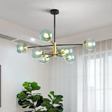Modern 8-Light Brass Pendant Chandelier With Blue Glass Shade
