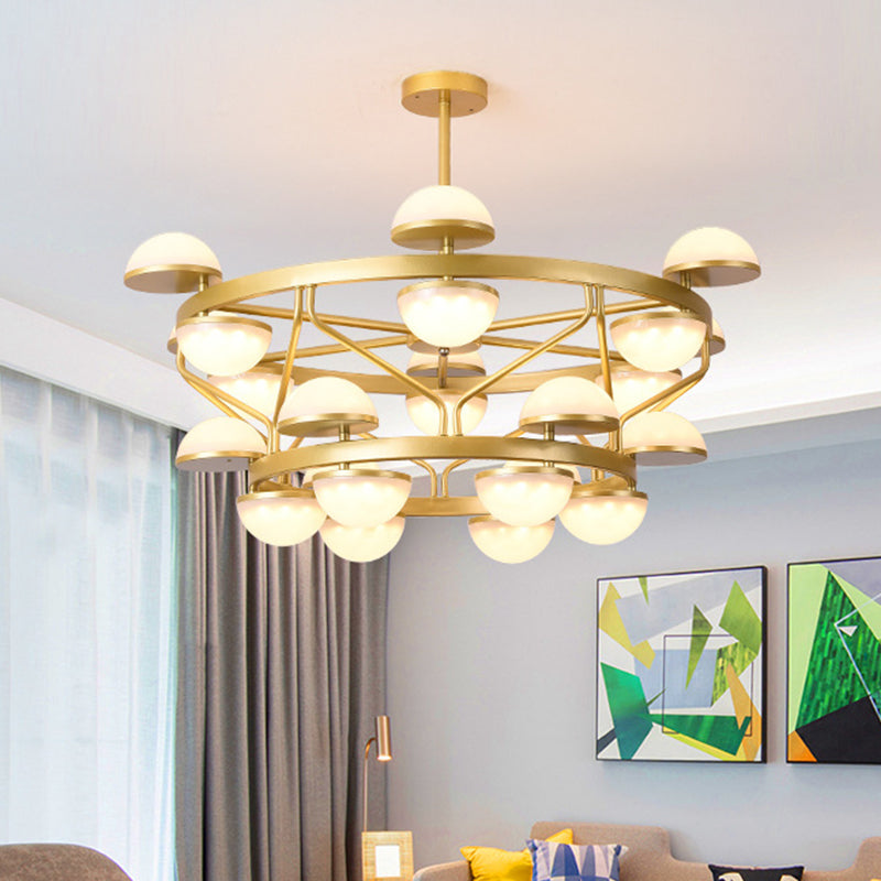 Modernist Gold 24-Bulb Semi-Circle Chandelier For Living Room Ceiling - Cream Glass Pendant Light