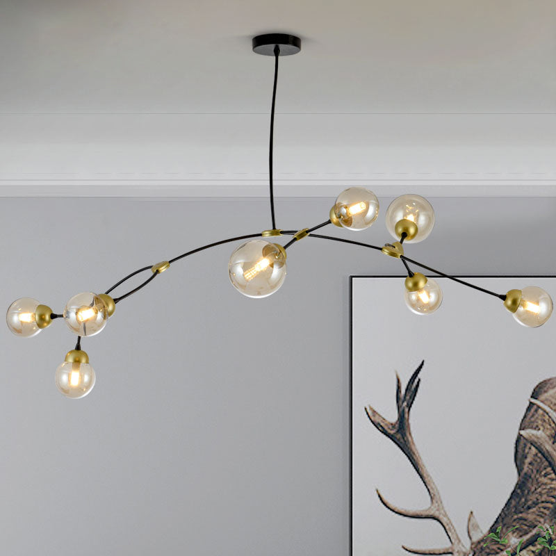 Modernist Amber Glass 8 Head Black Linear Pendant Lamp for Living Room Globe Ceiling Chandelier Black