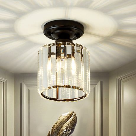 Modernist Flush Mount Ceiling Lamp: Clear Glass Cylinder Black Fixture For Corridor