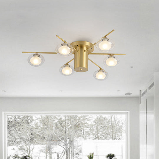 Modern Metal Flush Mount Ceiling Light With Oval Clear Glass Shade - 6 Head Brass Led