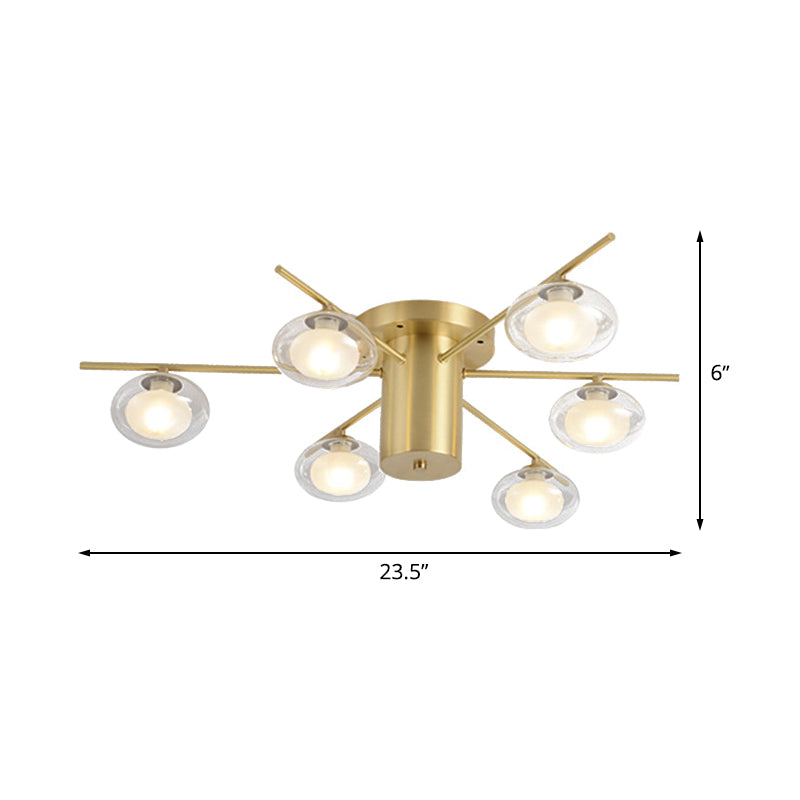 Modern Metal Flush Mount Ceiling Light With Oval Clear Glass Shade - 6 Head Brass Led