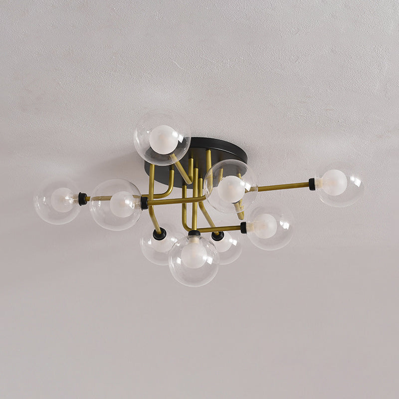 Modernism Gold Led Semi Flush Ceiling Mount With 9 Bulbs: Clear Glass Sphere Lighting