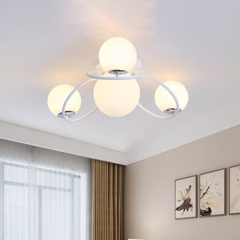 Modern White/Black Flush Mount Ceiling Light With Round Milk Glass Shade - 4-Bulb Bedroom Lighting
