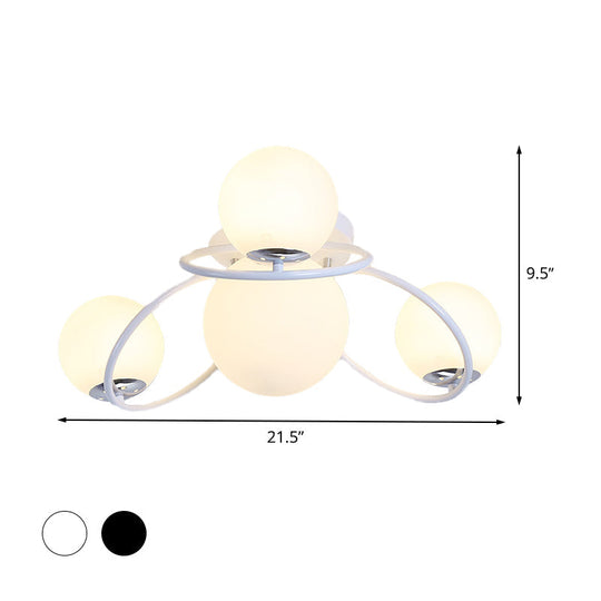 Modern White/Black Flush Mount Ceiling Light With Round Milk Glass Shade - 4 - Bulb Bedroom Lighting