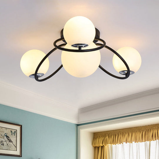 Modern White/Black Flush Mount Ceiling Light With Round Milk Glass Shade - 4 - Bulb Bedroom