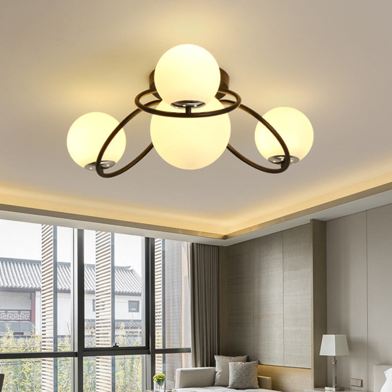Modern White/Black Flush Mount Ceiling Light With Round Milk Glass Shade - 4 - Bulb Bedroom Lighting