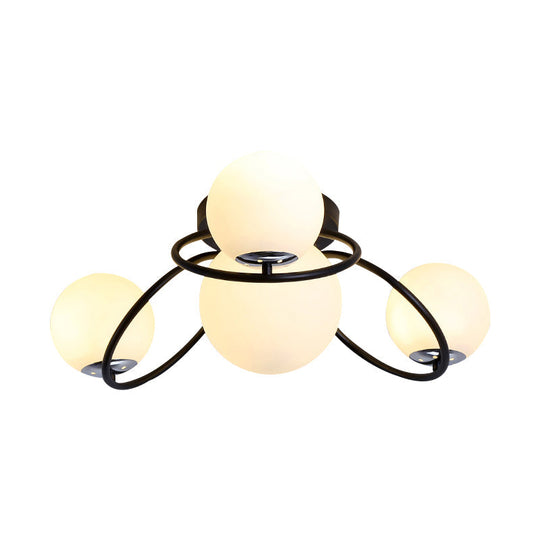 Modern White/Black Flush Mount Ceiling Light With Round Milk Glass Shade - 4-Bulb Bedroom Lighting