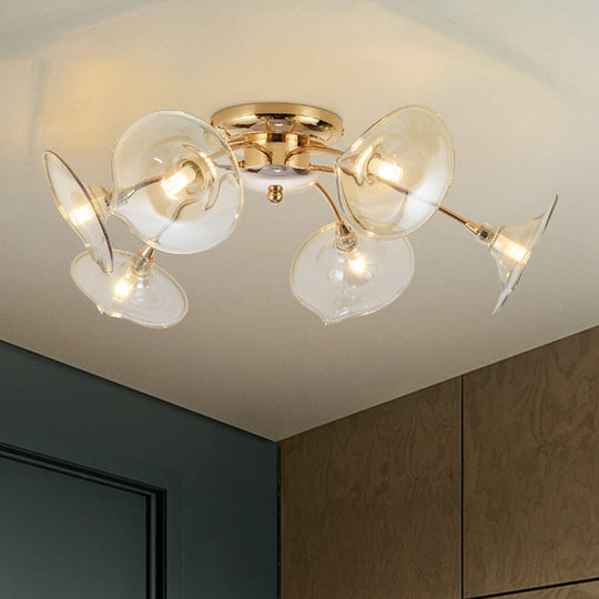 Modern Gold Semi Flush Light With Green/Clear Glass - 6 Bulbs For Living Room