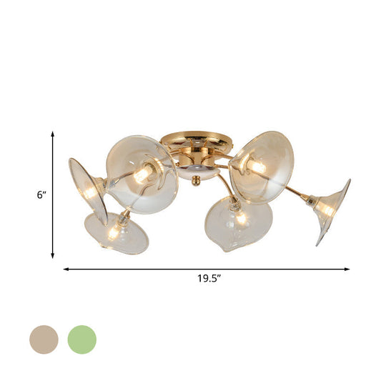 Modern Gold Semi Flush Light With Green/Clear Glass - 6 Bulbs For Living Room
