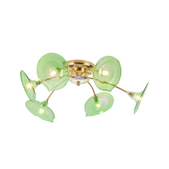 Modern Gold Semi Flush Light With Green/Clear Glass - 6 Bulbs For Living Room