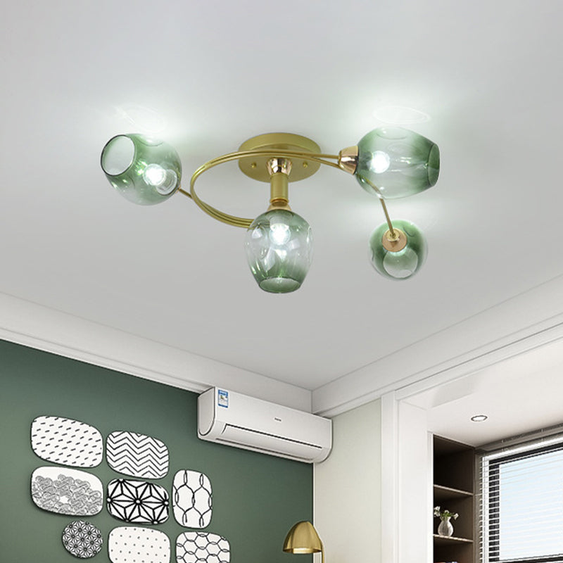 Spiral Semi Flush Mount Light - Modern Iron 4-Head Gold Ceiling Lamp With Green Dimpled Glass Shade