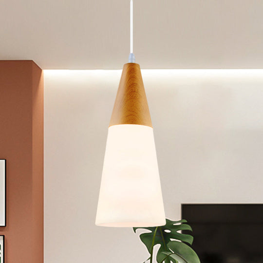 Modern Glass Cone Pendant Light With Wood Cap - White