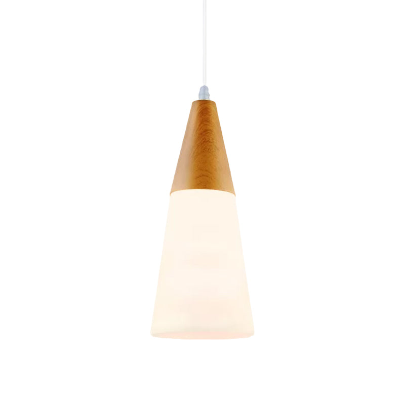 Modern Glass Cone Pendant Light With Wood Cap - White