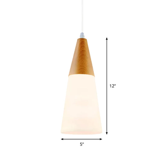 Modern Glass Cone Pendant Light With Wood Cap - White