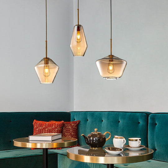 Modern Amber Pendant Lamp For Dining Room With Glass Shade – Triangle/Drum/Cone 6.5’/9’/12’ Wide