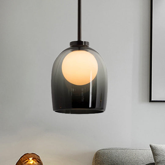 Modern Smoke Gray/Clear Glass Bell Pendant Light - 1-Light Dining Room Hanging Lamp Kit Gray