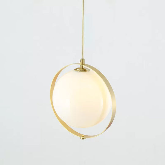 Modern White Glass Pendant Light Kit With Brass Ring - Globe Design