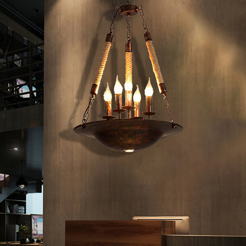 Hanging Chandelier Industrial Rust Candle Pendant Light Fixture With 5 Lights & Rope Chain