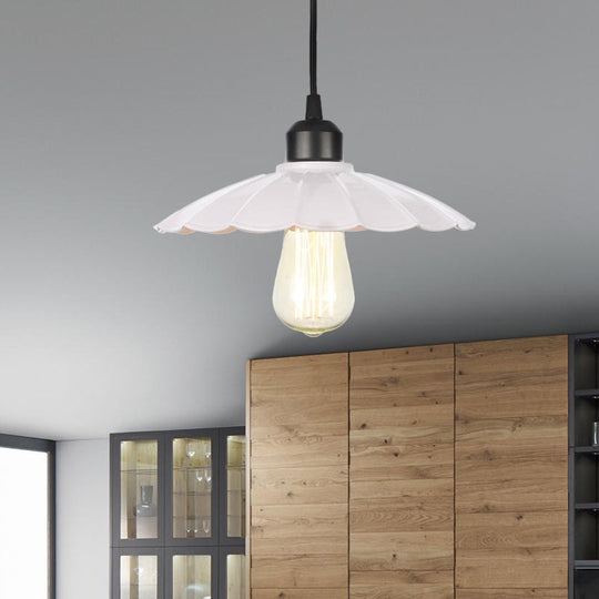 Farmhouse Pendant Light Fixture With Metal Shade - 1 Indoor Hanging In Black/White White / Wavy